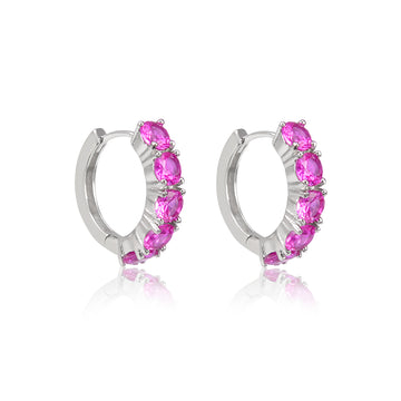 Brinco argola zircônia maior turmalina rosa com banho de ródio branco