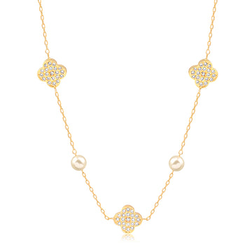 Colar choker trevo cravejado e pérolas dourado