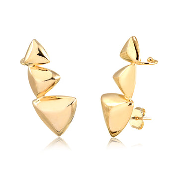 Brinco ear cuff maxi triângulos lisos luxo com banho de ouro 18k