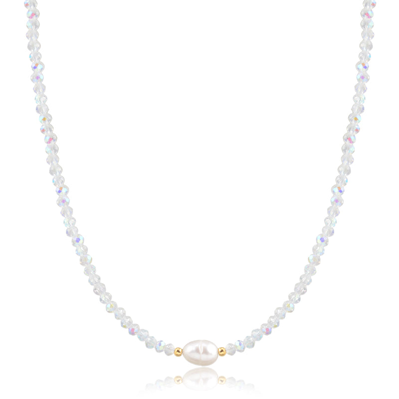 Colar choker cristais furta cor com pérola com banho de ouro 18k
