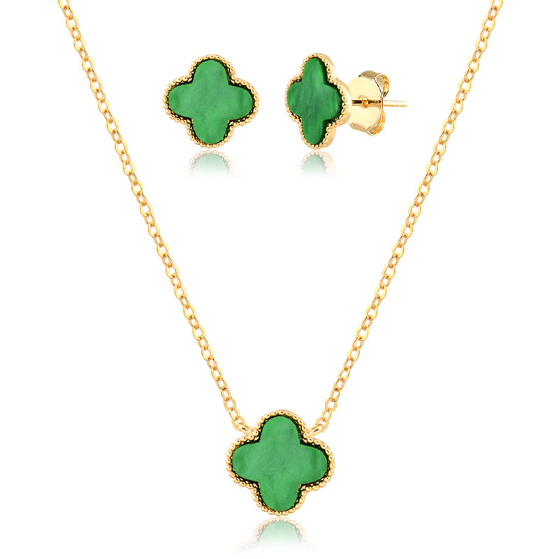 Conjunto trevo com resina verde e banho de ouro 18k
