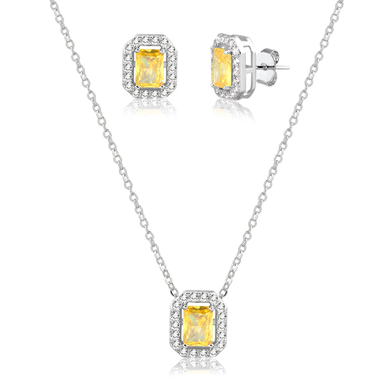 Conjunto retangular citrino entorno cravejado com banho de ródio branco