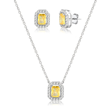 Conjunto retangular citrino entorno cravejado com banho de ródio branco