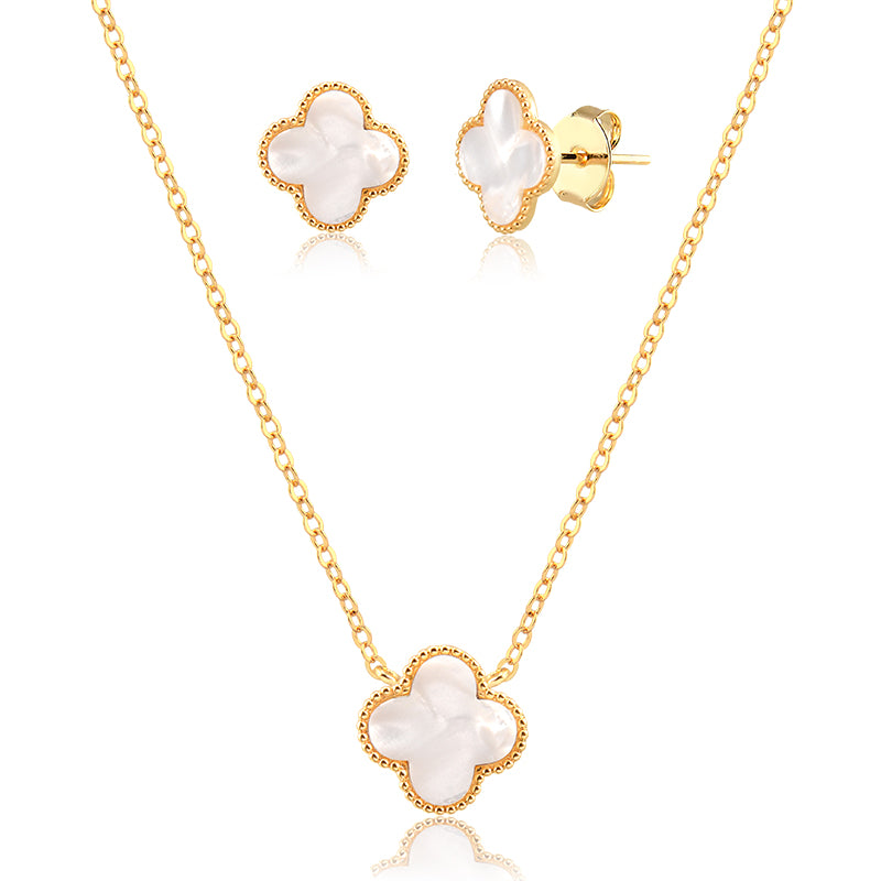 Conjunto trevo madrepérola com banho de ouro 18k