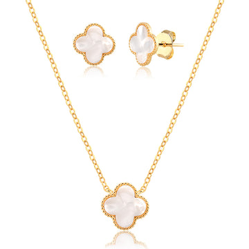 Conjunto trevo madrepérola dourado