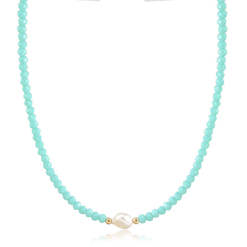 Colar choker cristais turquesa com pérola com banho de ouro 18k