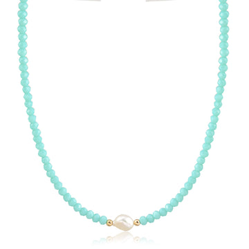 Colar choker cristais turquesa com pérola com banho de ouro 18k