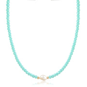 Colar choker cristais turquesa com pérola com banho de ouro 18k
