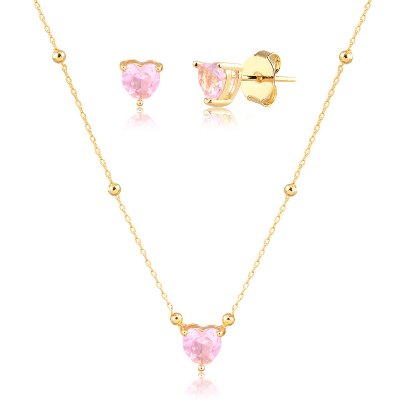 Conjunto coração rosa corrente esferas com banho de ouro 18k