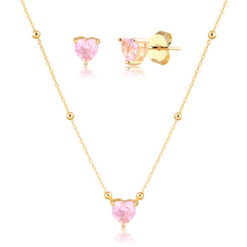 Conjunto coração rosa corrente esferas com banho de ouro 18k