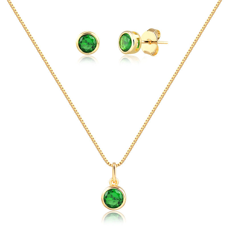 Conjunto oval esmeralda cravação inglesa com banho de ouro 18k