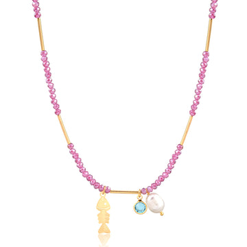 Colar cristais rosa com peixe pérola e cristal com banho de ouro 18k