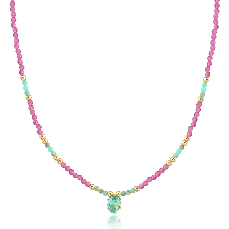 Colar cristais verde e pink com oval turmalina com banho de ouro 18k