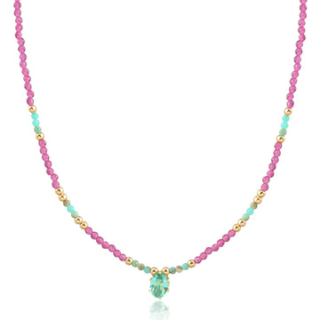 Colar cristais verde e pink com oval turmalina com banho de ouro 18k