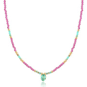 Colar cristais verde e pink com oval turmalina com banho de ouro 18k