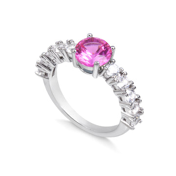 Anel oval turmalina rosa com detalhe cristal com banho de ródio branco