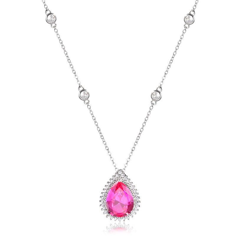 Colar gota turmalina rosa entorno cravejado em ródio branco