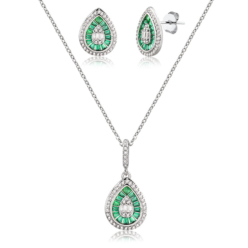 Conjunto gota navetes esmeralda com banho de ródio branco