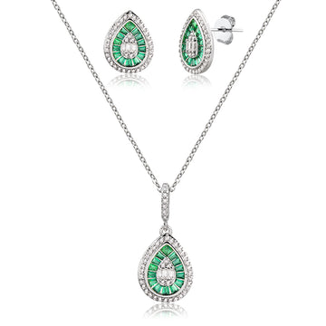 Conjunto gota navetes esmeralda com banho de ródio branco