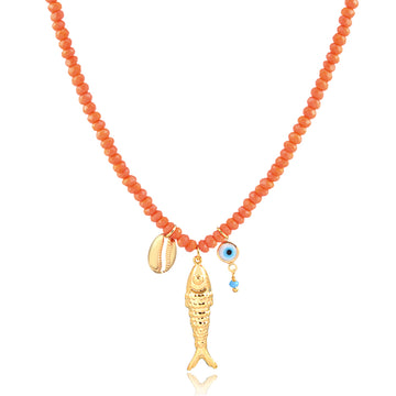 Colar cristais laranja com peixe, buzio e olho grego e banho de ouro 18k