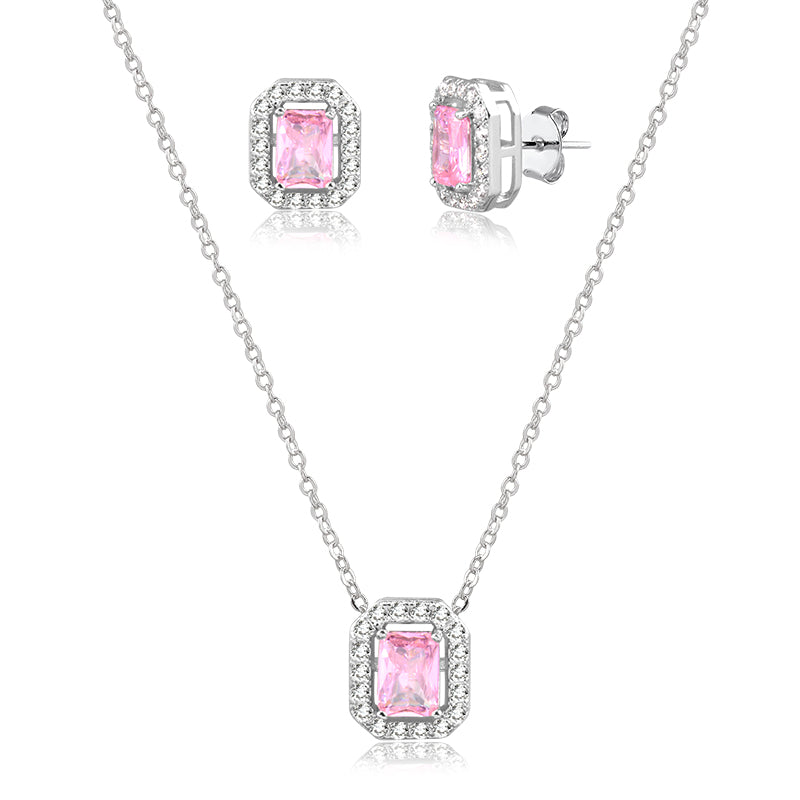 Conjunto retangular rosa entorno cravejado com banho de ródio branco