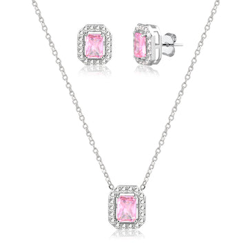 Conjunto retangular rosa entorno cravejado com banho de ródio branco