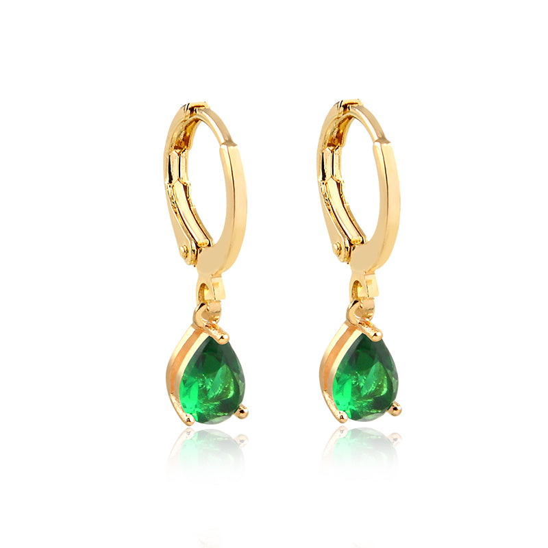 Brinco argolinha com gota esmeralda dourado