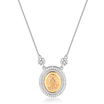 Colar medalha nossa senhora com detalhe dourado com banho de ródio branco