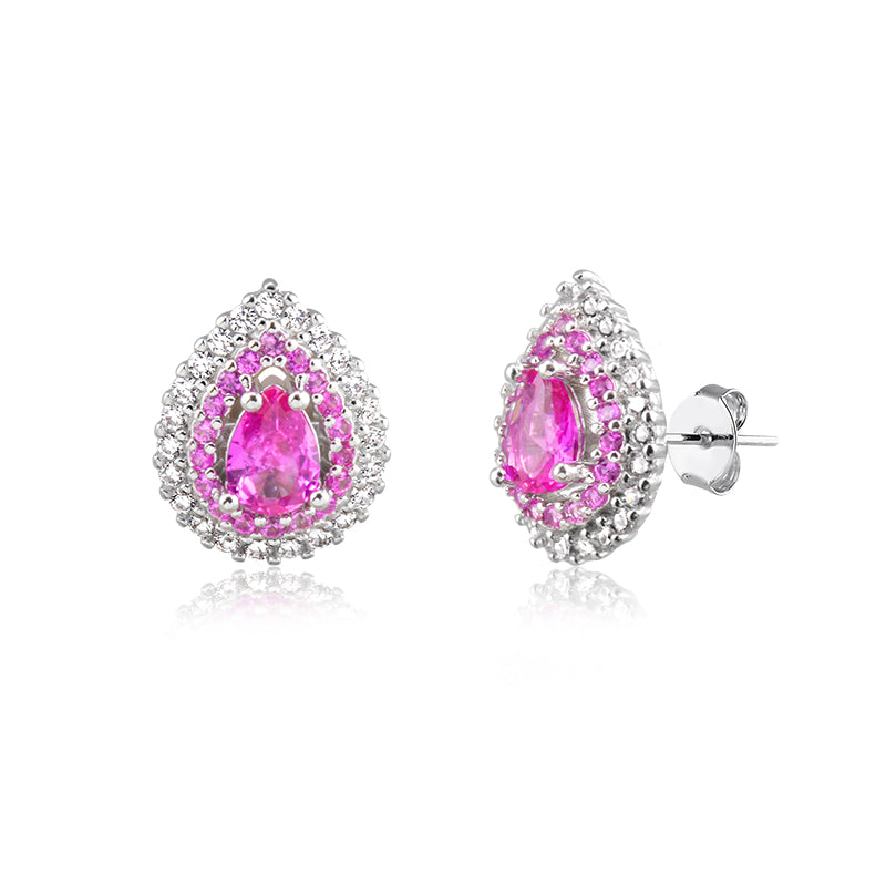 Brinco gota turmalina rosa entorno duplo cravejado com banho de ródio branco
