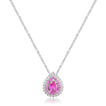 Colar gota turmalina rosa entorno cravejado duplo com banho de ródio branco