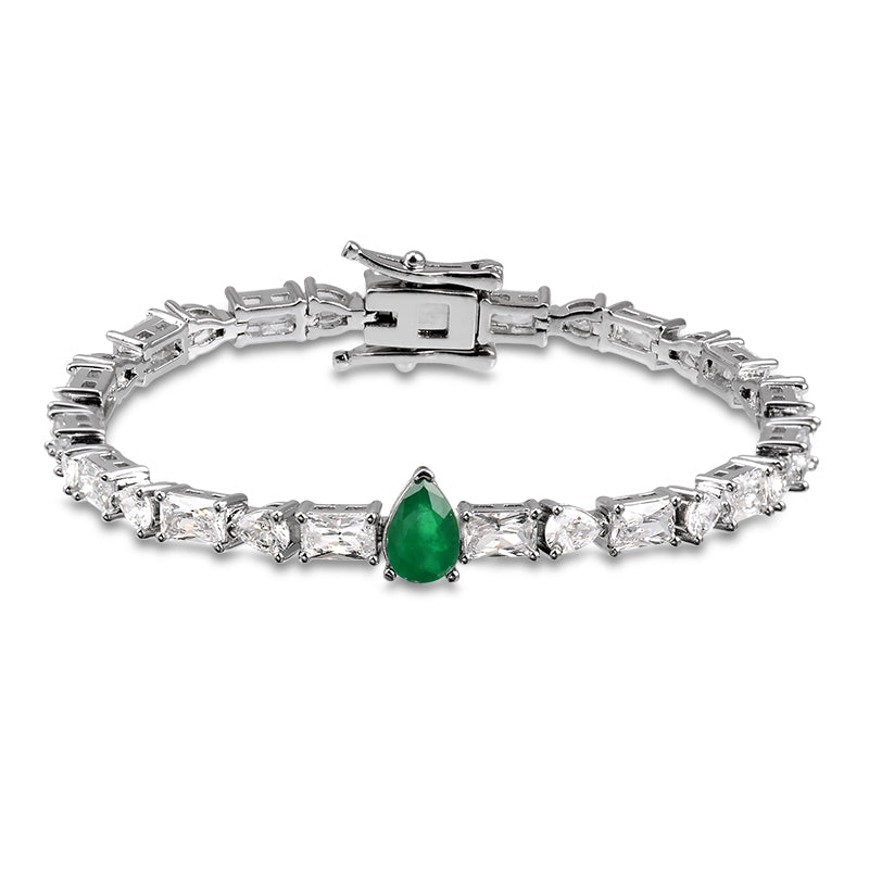 Pulseira riviera baguetes com gota esmeralda com banho de ródio branco