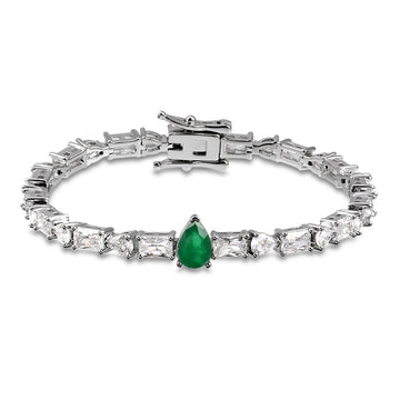 Pulseira riviera baguetes com gota esmeralda com banho de ródio branco