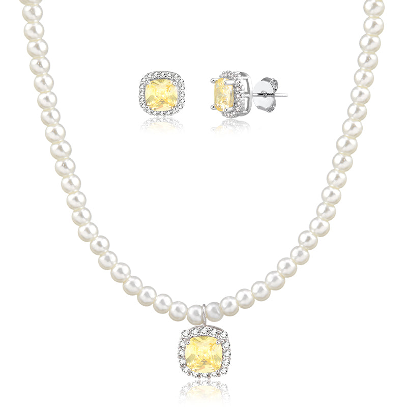 Conjunto pérola com pingente quadrado citrino e banho de ródio branco