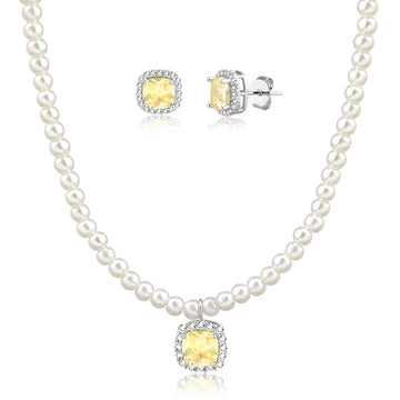 Conjunto pérola com pingente quadrado citrino e banho de ródio branco