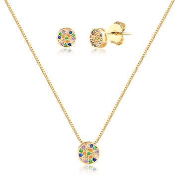 Conjunto oval cravação colorida com banho de ouro 18k