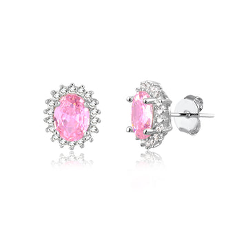 Brinco oval rosa entorno cravejado com banho de ródio branco