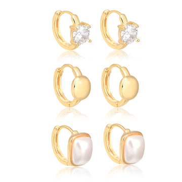 Brinco trio de argolas com pérola e banho de ouro 18k