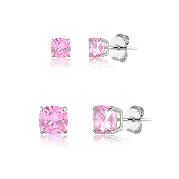 Brinco duplo quadrado rosa com banho de ródio branco