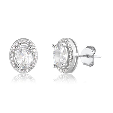 Brinco oval maior com zircônia cristal entorno cravejado com banho de ródio branco