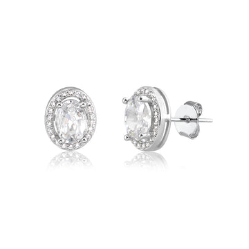 Brinco oval menor com zircônia cristal entorno cravejado com banho de ródio branco