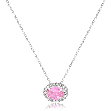 Colar oval rosa entorno cravejado com banho de ródio branco