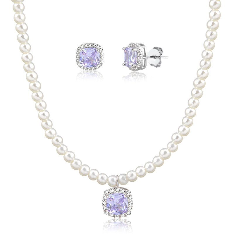 Conjunto pérola com pingente quadrado tanzanita e banho de ródio branco