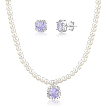 Conjunto pérola com pingente quadrado tanzanita e banho de ródio branco