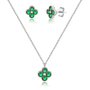 Conjunto trevo esmeralda com banho de ródio branco