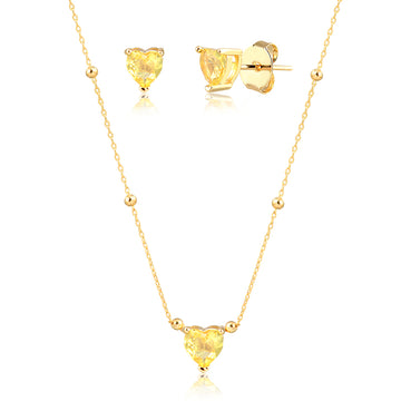 Conjunto coração citrino corrente esferas com banho de ouro 18k