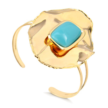 Pulseira Maxi bracelete oval orgânico com retângulo turquesa e banho de ouro 18k