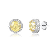 Brinco redondo citrino entorno cravejado com banho de ródio branco