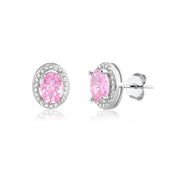 Brinco oval menor com zircônia rosa entorno cravejado com banho de ródio branco