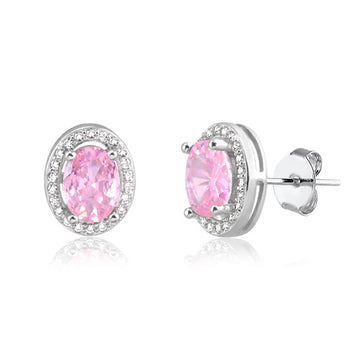 Brinco oval maior com zircônia rosa entorno cravejado com banho de ródio branco