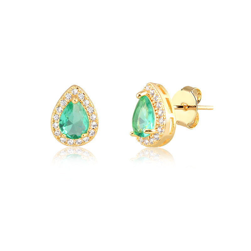 Brinco gota G com zircônia turmalina entorno cravejada e banho de ouro 18k